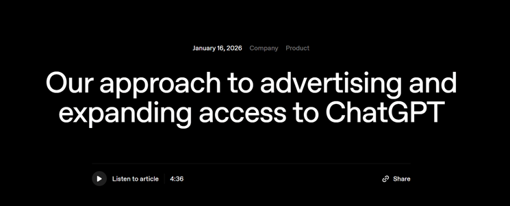 OpenAI ilmoitus ChatGPT mainosten alkamisesta